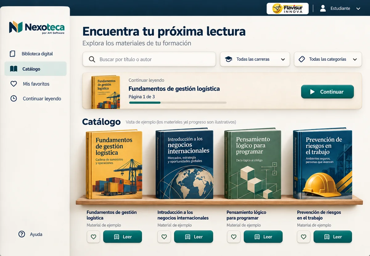 Vista de ejemplo de NEXOTECA con catálogo institucional, fichas de documentos y lector por páginas.